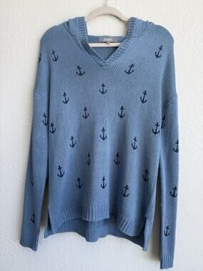 Marled by Reunited Women's Blue Anchor V-neck Knitted Hooded Sweater Size M
